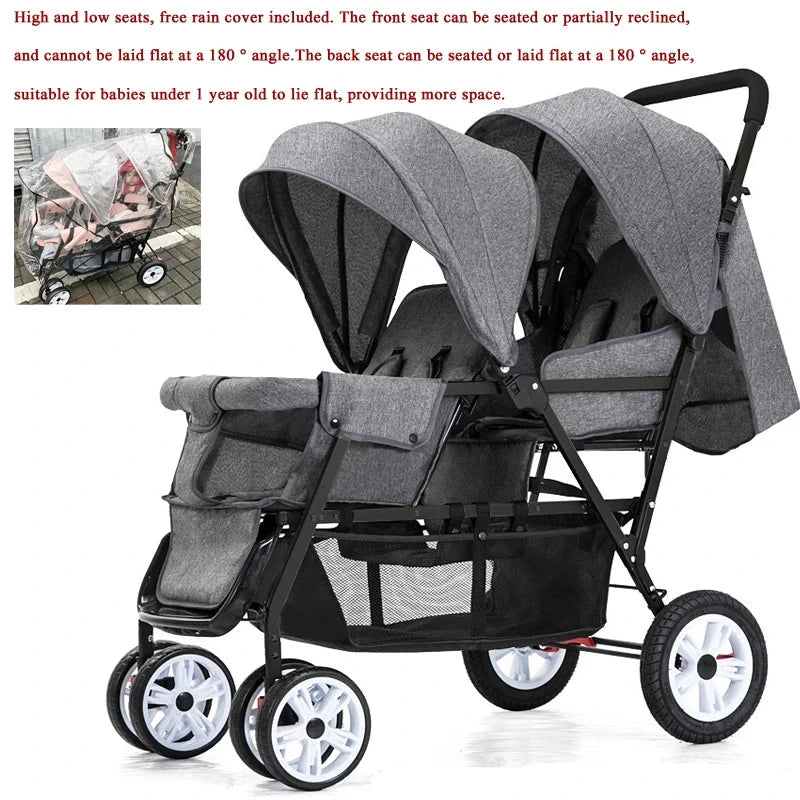 Duo Kinderwagen - Duo Buggy - Dubbele Buggy - Opvouwbare -  Verstelbare Rugleuning - Regenhoes - 72 × 42 × 97 cm - Grijs - QUORE