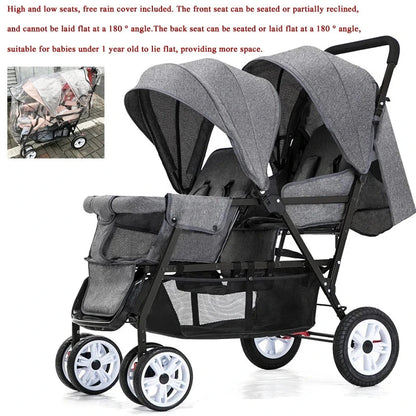 Duo Kinderwagen - Duo Buggy - Dubbele Buggy - Opvouwbare -  Verstelbare Rugleuning - Regenhoes - 72 × 42 × 97 cm - Grijs - QUORE