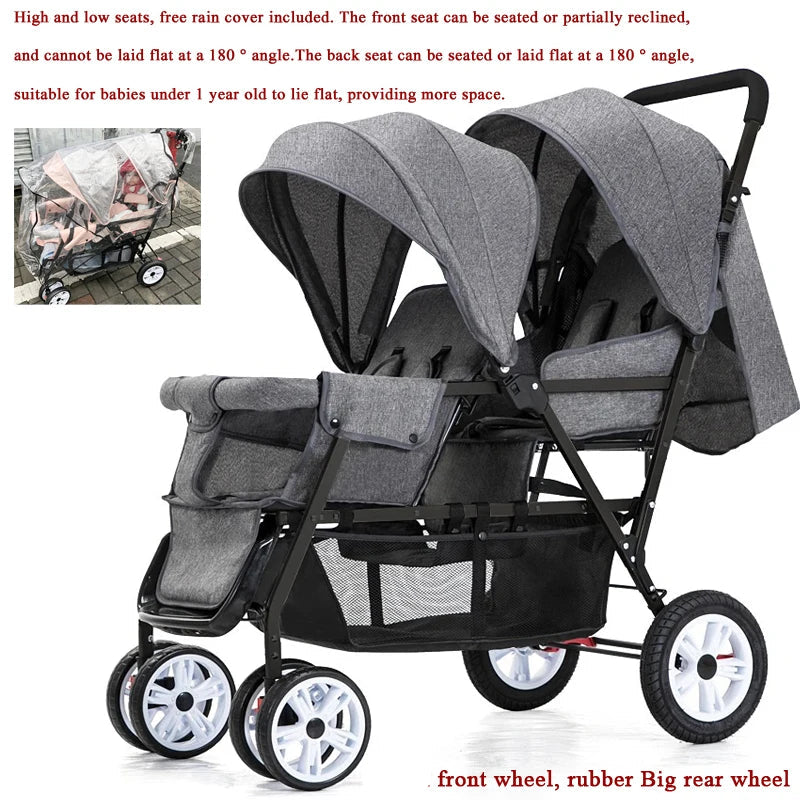 Dubbele Kinderwagen - Tweeling Kinderwagen - Duo Buggy - Duo kinderwagen - 2 Omvormbare Zitjes - en Reiswiegjes - Grijs