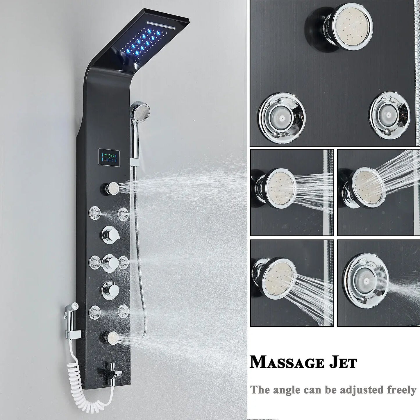 Black LED Light Shower Faucet Bathroom SPA Massage Jet Shower Column System Waterfall Rain Shower Panel Bidet Sprayer Tap