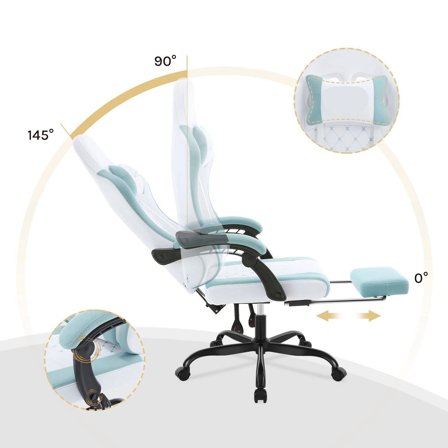 Gaming Stoel - Massage Gaming Stoel - Bureaustoel - Swivel Stoel - met Voetsteun - Hoofdsteun - Verstelbare - Rugleuning - Lendenkussen - Ergonomische - Draaibare - 70 x 70 x 127 cm - Wit & Blauw