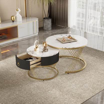Koffietafel Set – Salontafel – Bijzettafel – Woonkamertafel – Modulaire Tafels – Marmerlook Blad – Gouden Accenten - 78 x 76.5 x 28 cm - Wit & Goud