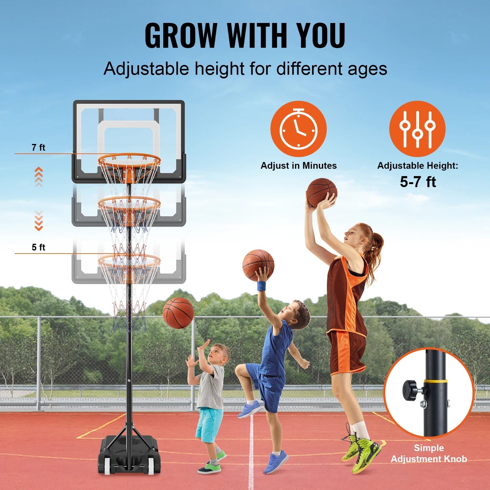 Basketbalstandaard - Basketbalpaal - Basketbalring - 5-7ft - voor Tiener - Volwassene - In Hoogte Verstelbaar - Draagbare - met Wielen - Standaard Invulbare - voor Buiten - Tuin - Achtertuin - Basketbalveld - QUORE