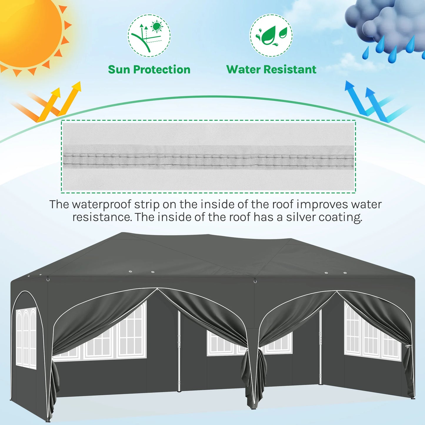 Paviljoen - Tuinpaviljoen - Partytent - Tuintent - Pop-up Kliksysteem - Stabiel - Vouwtent - Opvouwbaar - Weerbestendig - met 6 Zijwanden - 50+UV-Bescherming - voor Tuin - Buiten - Achtertuin - 210D Oxford - 3 x 6 m - Grijs - QUORE