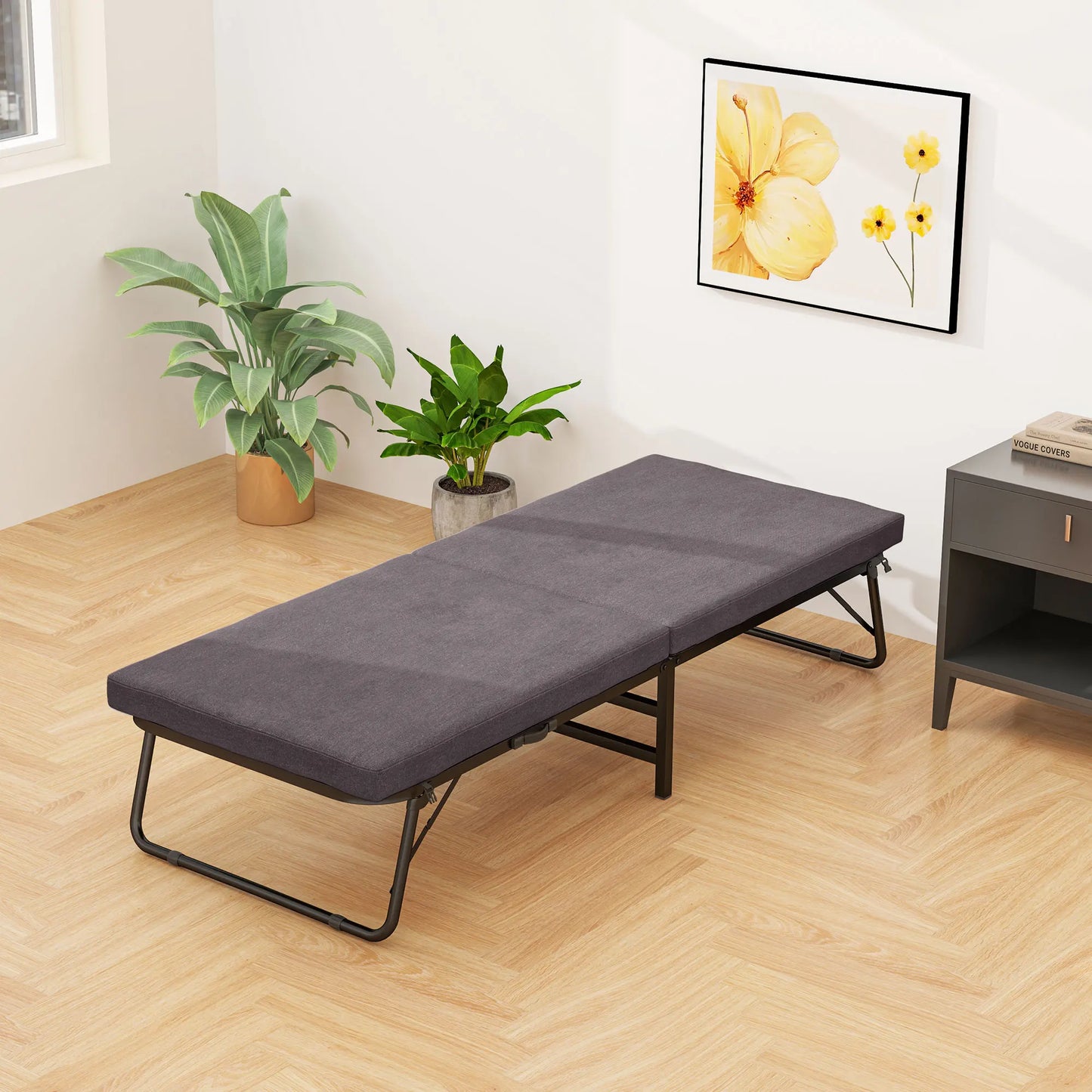 Opklapbed – Vouwbed – Logeerbed – Eenpersoonsbed – Slaapbed – Verstelbare Rugleuning – 7 cm Dik Comfortabel Matras - Donkergrijs