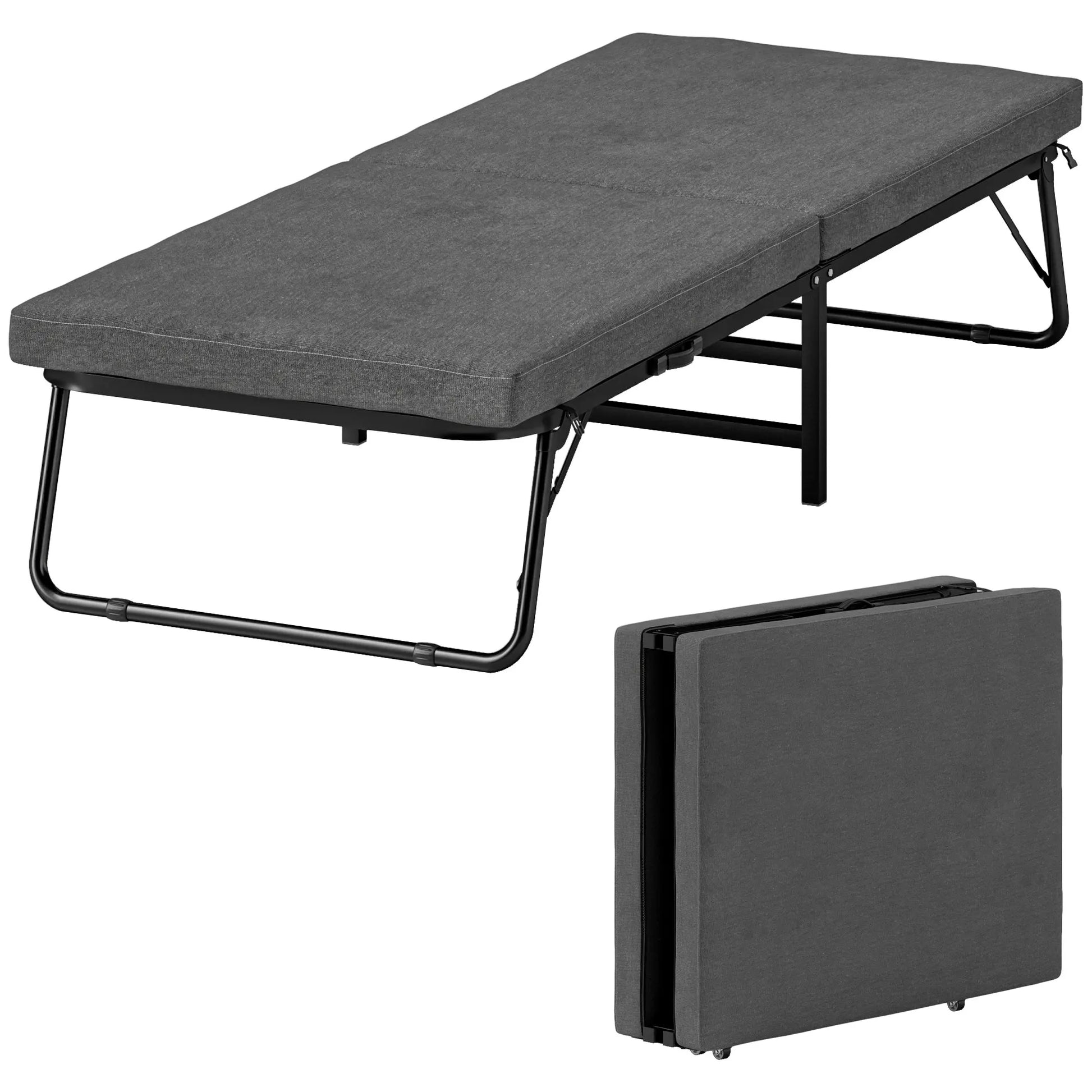 Opvouwbed – Vouwbed – Opklapbed – Logeerbed – Eenpersoonsbed – Inklapbaar Met Matras – Verstelbare Rugleuning 5 Standen - Grijs - QUORE