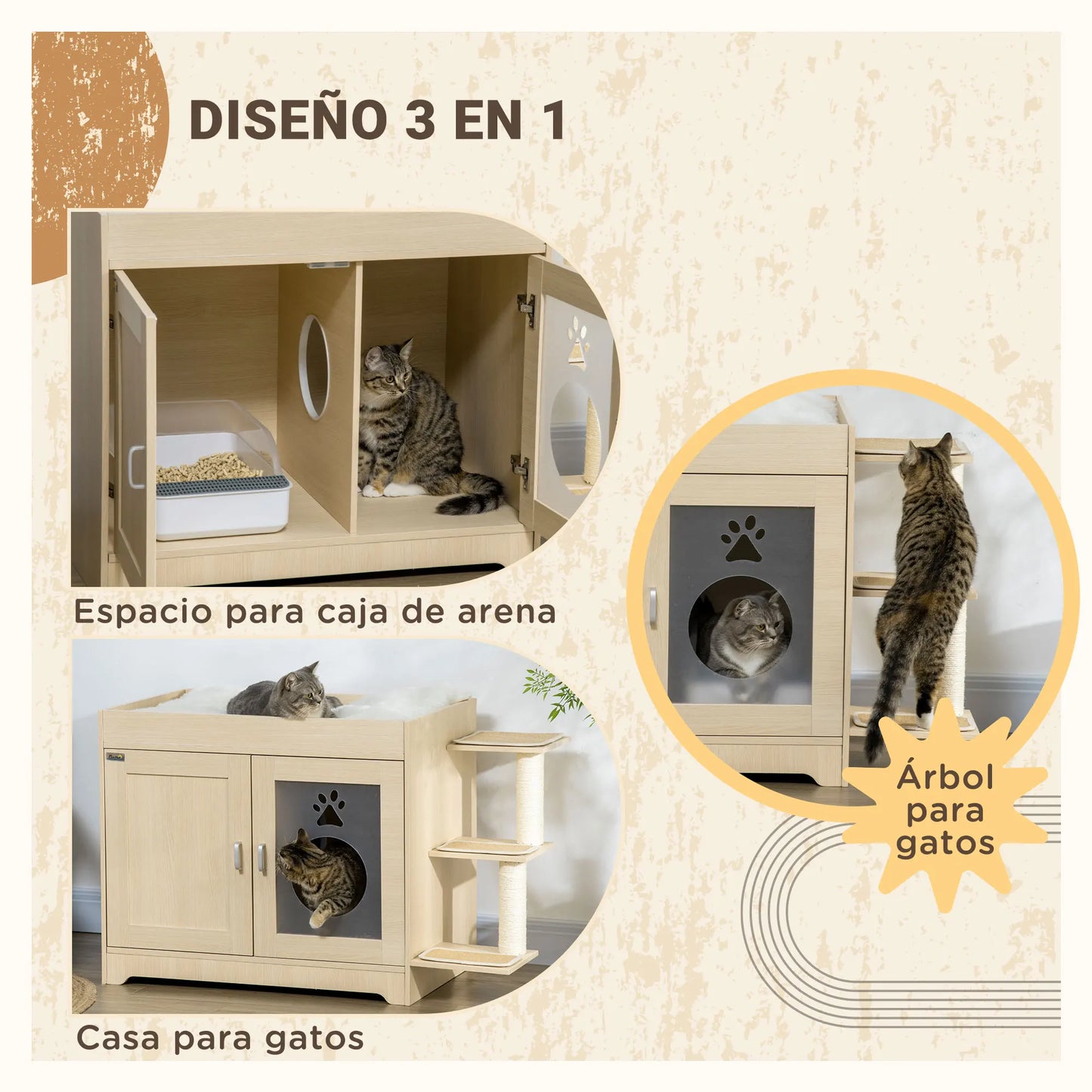 Kattenbakhuisje – Kattenbak Kast – Kattenhuis – Kattenmeubel – Kattenbak Omsluiting – Luxe Pluche Bekleding – Afmetingen 107x54x70 cm - Eik