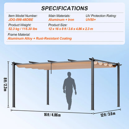 Uitschuifbare Pergola – Buitenoverkapping – Schaduwdoek – Aluminium Frame – UV50+ Bescherming – 3x3 Meter – Eenvoudige Montage - 12x16ft