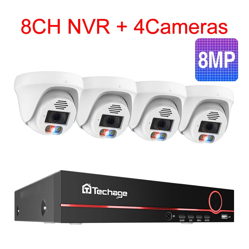 Techage Ultra HD 8MP 4K POE Security Camera System Two Way Audio Face Detect Full Color Night H.265 CCTV Video Surveillance Set - QUORE