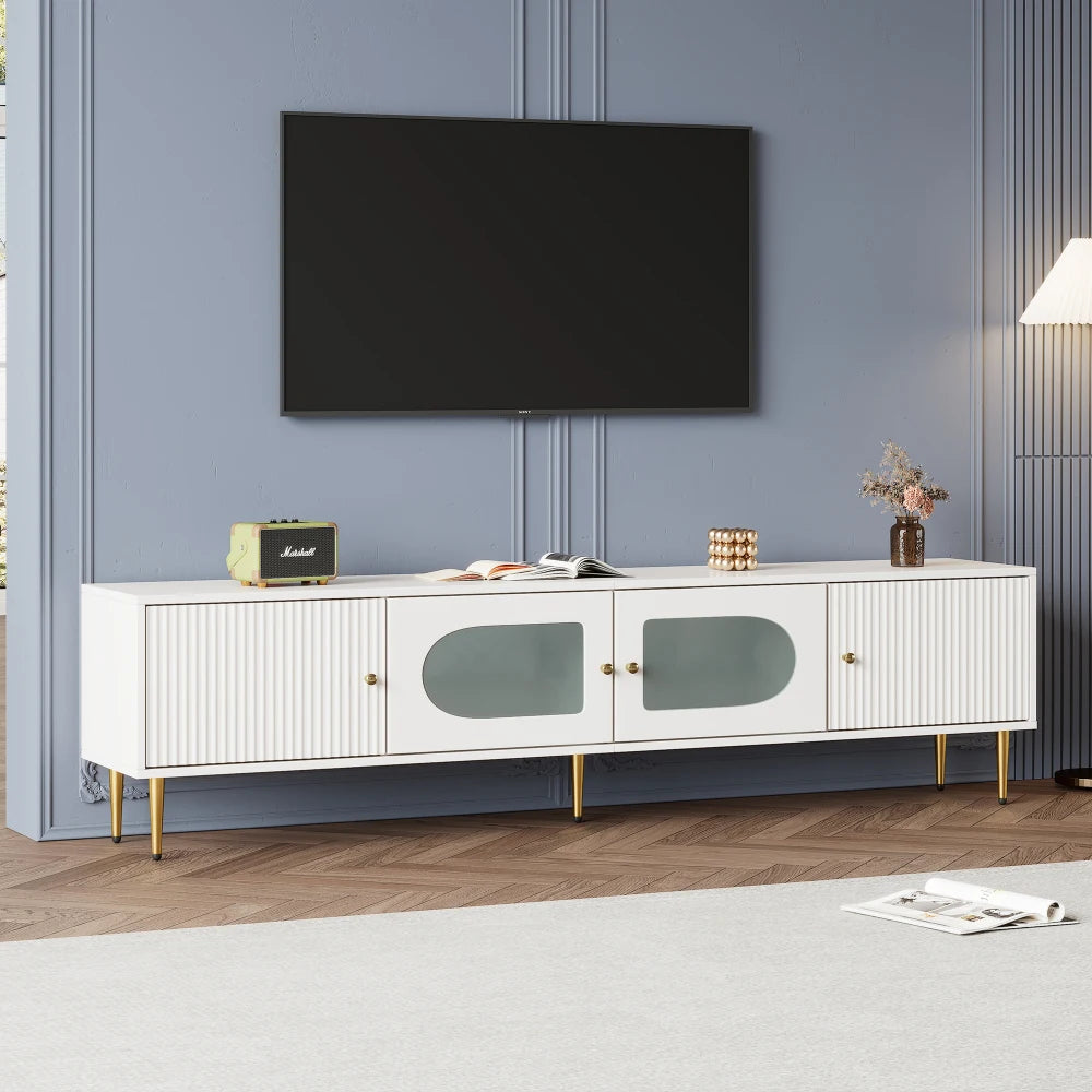 TV-Meubel – Tv-Kast – Meubel Voor Televisie – TV Dressoir – Witgelakt Met Gouden Poten – Ruimte Voor Tv Tot 79 Inch – Geruisloze Scharnieren