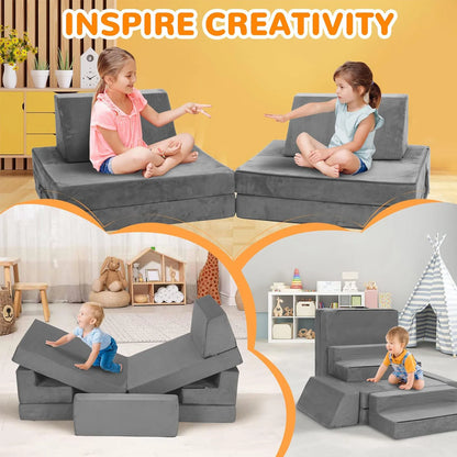 Modular Sofa Set 8-Piece with 3 Shapes, Grey - Soft Washable Cushions for Playroom, Bedroom
