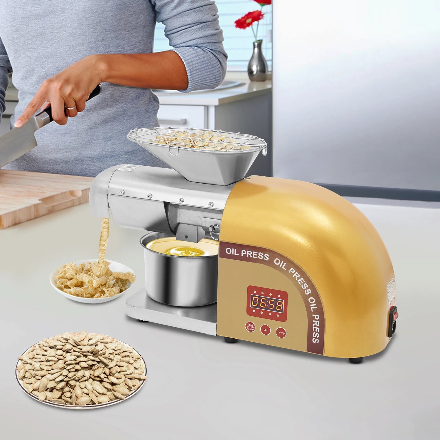Oliepers – Kookolie Pers – Notenolie Maker – Zadenpers – Roestvrij Staal – Instelbare Temperatuur - 1800W Motor