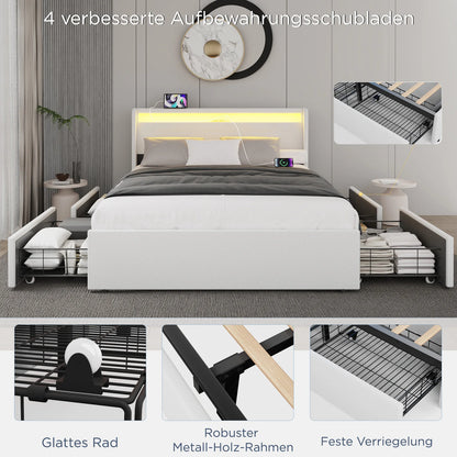Modern Dubbelbed – Tweepersoonsbed – Bedframe – Opbergbed – Led Bed – Met LED-Verlichting – USB- en Type-C Aansluitingen – 160x200 cm – Wit Kunstleer - QUORE