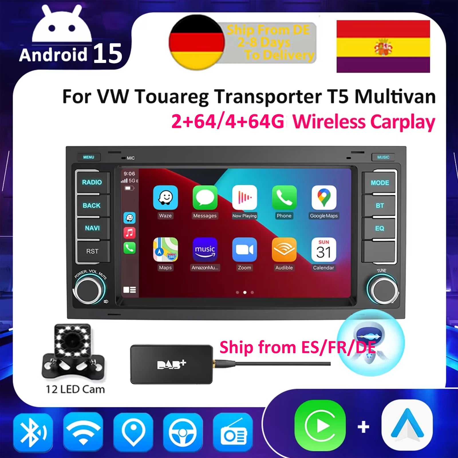 ESSGOO Android 15 Carplay Car Radio For Volkswagen  VW Touareg Transporter T5 Multivan Car Radio Multimedia Player GPS WiFi RDS - QUORE