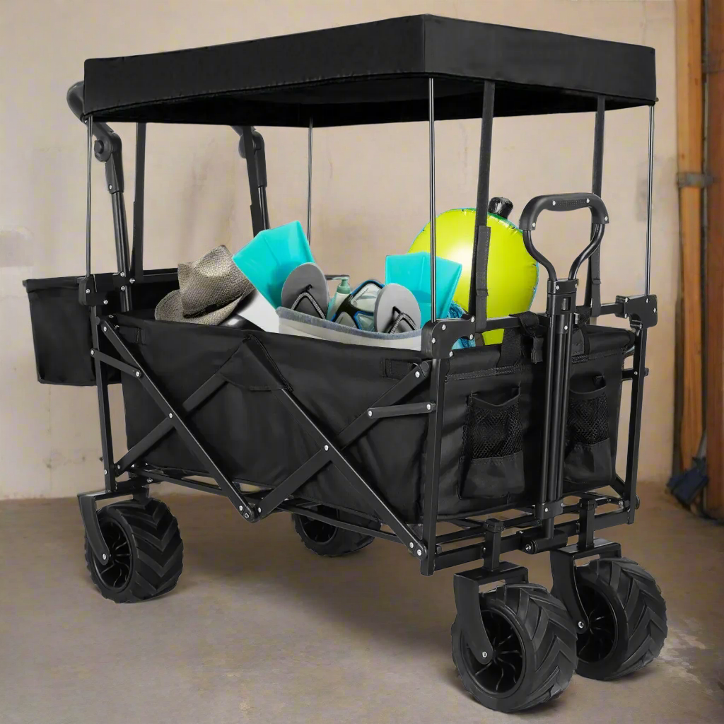 Bolderwagen – Opvouwbare Wagen – Transportwagen – Stevige Kar – Strandwagen – Afneembaar Zonnescherm – Draagkracht 115 kg – 7 Inch 360° Wielen - Zwart