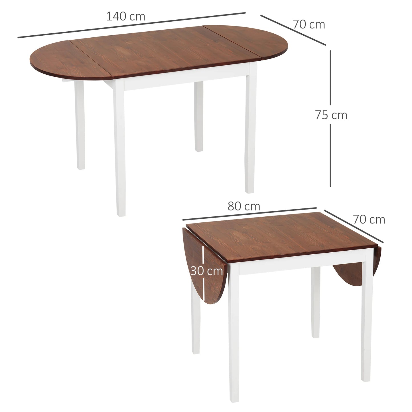 Eettafel – Uitklapbare Tafel – Grenenhouten Tafel – Compacte Eettafel – Flexibel Formaat – Onderhoudsvriendelijk - 140 x 70 x 75 cm - Bruin