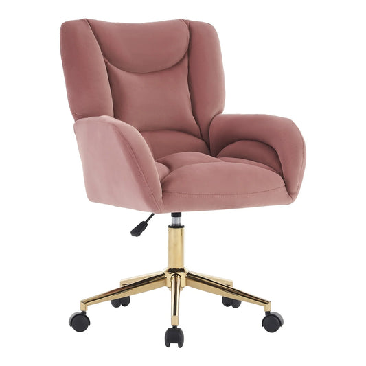 Bureaustoel – Velvet Stoel – Thuiswerkstoel – Kantoorstoel – Roze Bekleding – Gouden Metalen Poten – Ergonomische Rugleuning