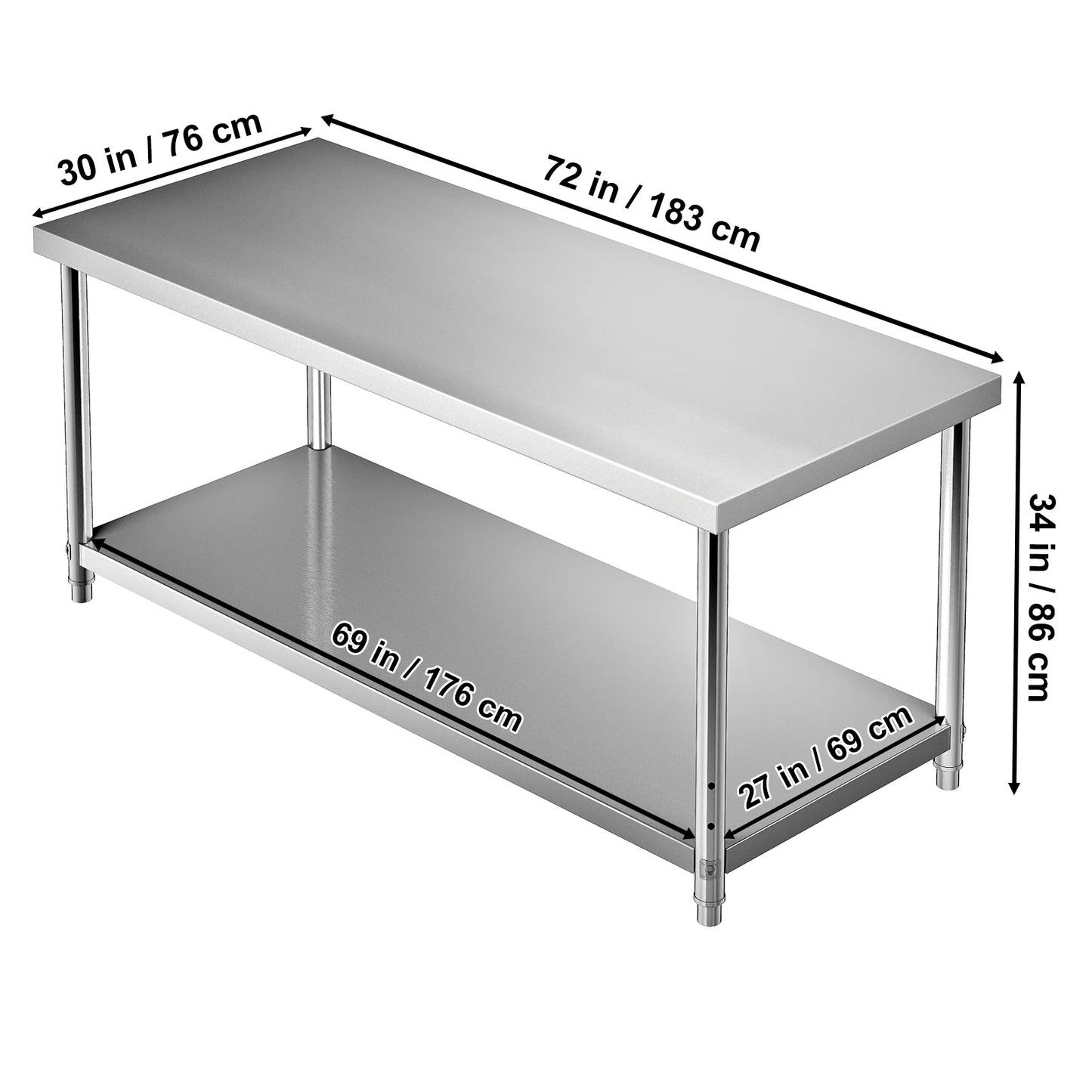 Roestvrijstalen Werktafel - Keukentafel - Keuken Werktafel - Keukeneiland - Werkbank - Verstelbare Onderniveau - 72x30x34inch - Industriële Werktafel RVS - Met Opbergruimte