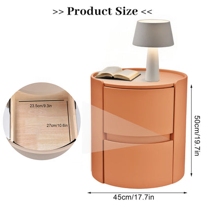 Ronde nachtkast – Bijzettafel – Nachtkastje – Opbergkast – Ladekast – Oranje – Modern Houten Design – Zadelleren Blad – Compact 45x50 cm – 2 Laden Opbergruimte