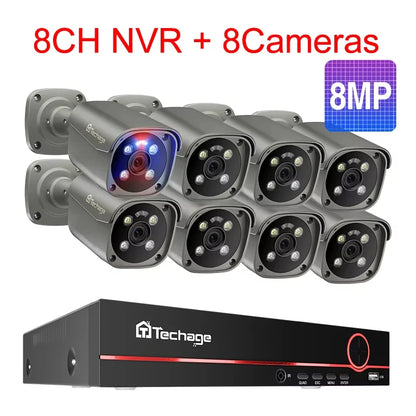 Techage 8CH 5MP 8MP POE Security Surveillance System 4K HD POE IP Kit Two Way Audio Face Detect Metal Bullet H.265 Outdoor Video