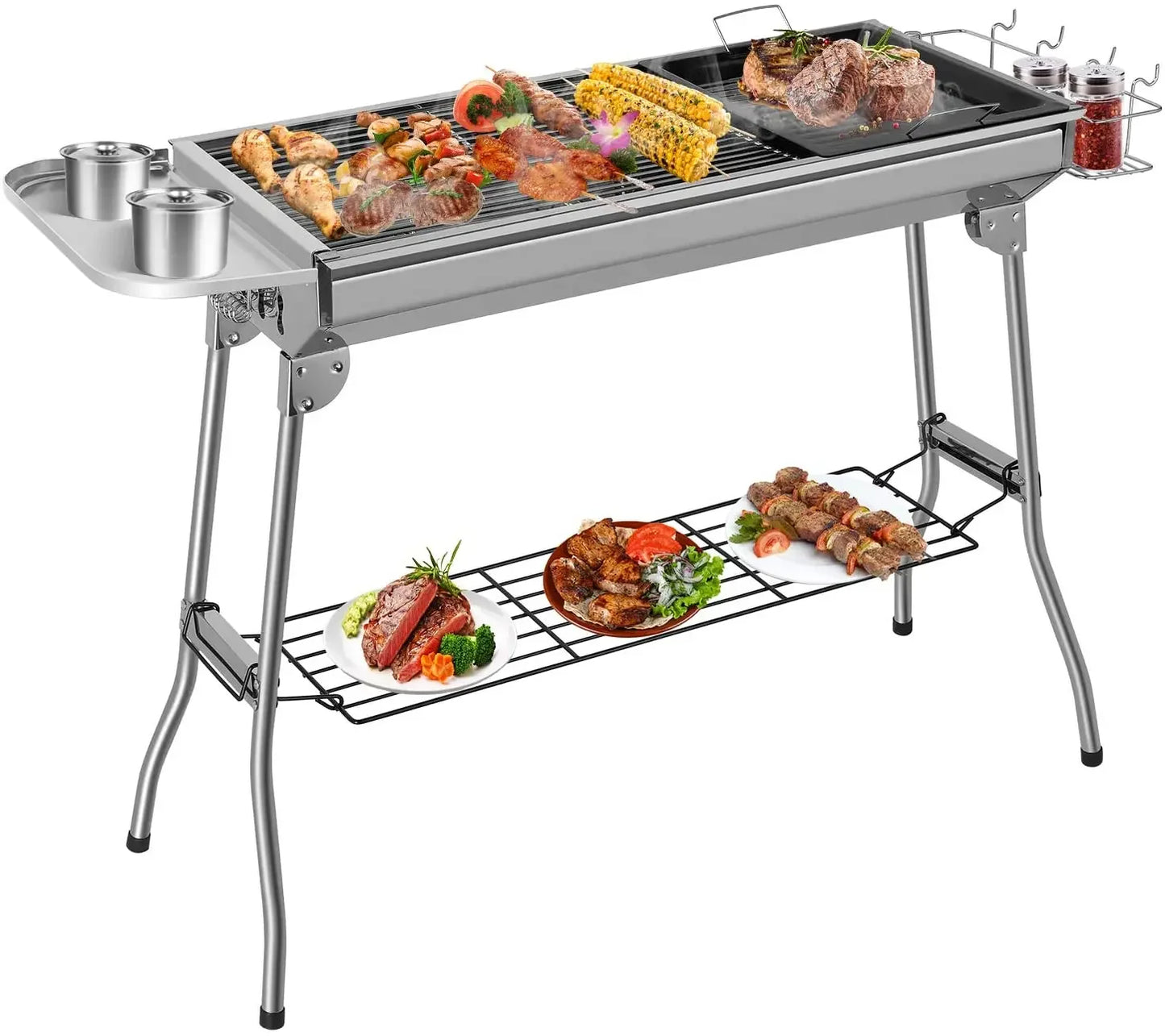Houtskoolgrill - Barbecue - Houtskoolbarbecue - Buitenkeuken - voor 5-10 personen - Campinggrill - Inklapbaar - Opvouwbare - Draagbare - voor Camping - Tuin - Picknick - Feest - RVS - 100 x 33.5 x 70 cm - Zilver