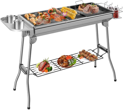Houtskoolgrill - Barbecue - Houtskoolbarbecue - Buitenkeuken - voor 5-10 personen - Campinggrill - Inklapbaar - Opvouwbare - Draagbare - voor Camping - Tuin - Picknick - Feest - RVS - 100 x 33.5 x 70 cm - Zilver