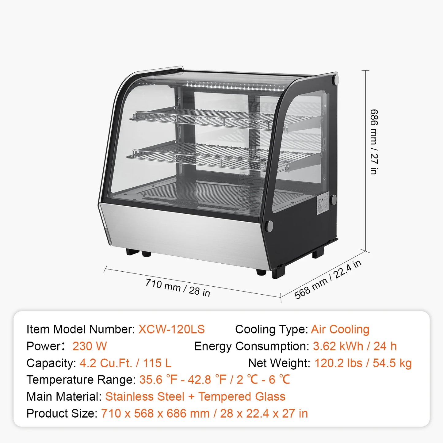 Gekoelde Displaykast – Koelvitrine – Koelkast – Presentatiekast – Bakkerskast – 278 Liter Inhoud – LED-Verlichting - 4,2 Kubieke Voet Boog