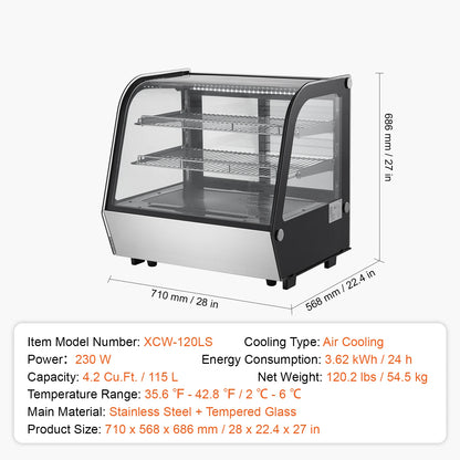 Gekoelde Displaykast – Koelvitrine – Koelkast – Presentatiekast – Bakkerskast – 278 Liter Inhoud – LED-Verlichting - 4,2 Kubieke Voet Boog
