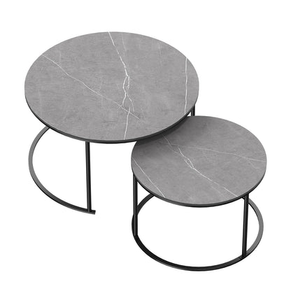 Tafel - Salontafel - Moderne Stijl - Set van 2 - Nesting Ronde Salontafel - Marmer - Sintered Stone Tafelblad - Metalen Poten – Ruimtebesparend - Woonkamer Meubel - Grotetafel 80x45cm - Kleintafel 60x40cm - Donkergrijs - QUORE