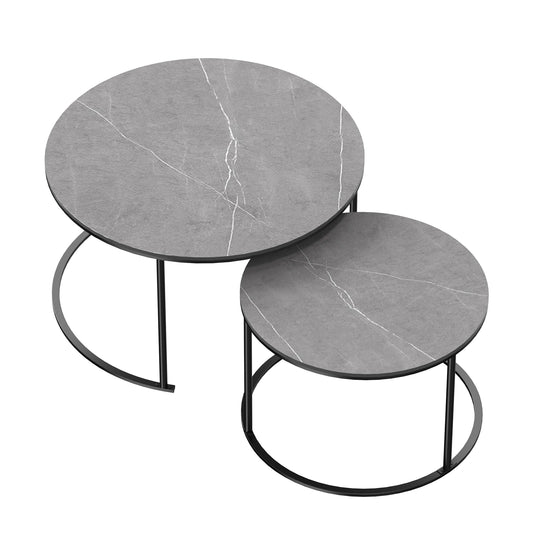 Tafel - Salontafel - Moderne Stijl - Set van 2 - Nesting Ronde Salontafel - Marmer - Sintered Stone Tafelblad - Metalen Poten – Ruimtebesparend - Woonkamer Meubel - Grotetafel 80x45cm - Kleintafel 60x40cm - Donkergrijs - QUORE