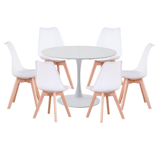 Ronde Eettafel Met Stoelen – Eettafelset – Eetkamerset – Eetkamermeubels – Scandinavisch Design – 110 Cm Diameter – PU-Leren Stoelen - QUORE