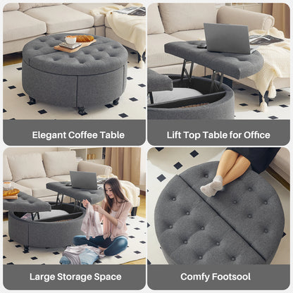 Koffietafel - Table - Coffe table - Living Room Table - Ronde Opbergpoef van 35 inch - Moderne gecapitonneerde salontafel met klep - Gestoffeerde Voetenbank voor Woonkamer en Slaapkamer - Grijs