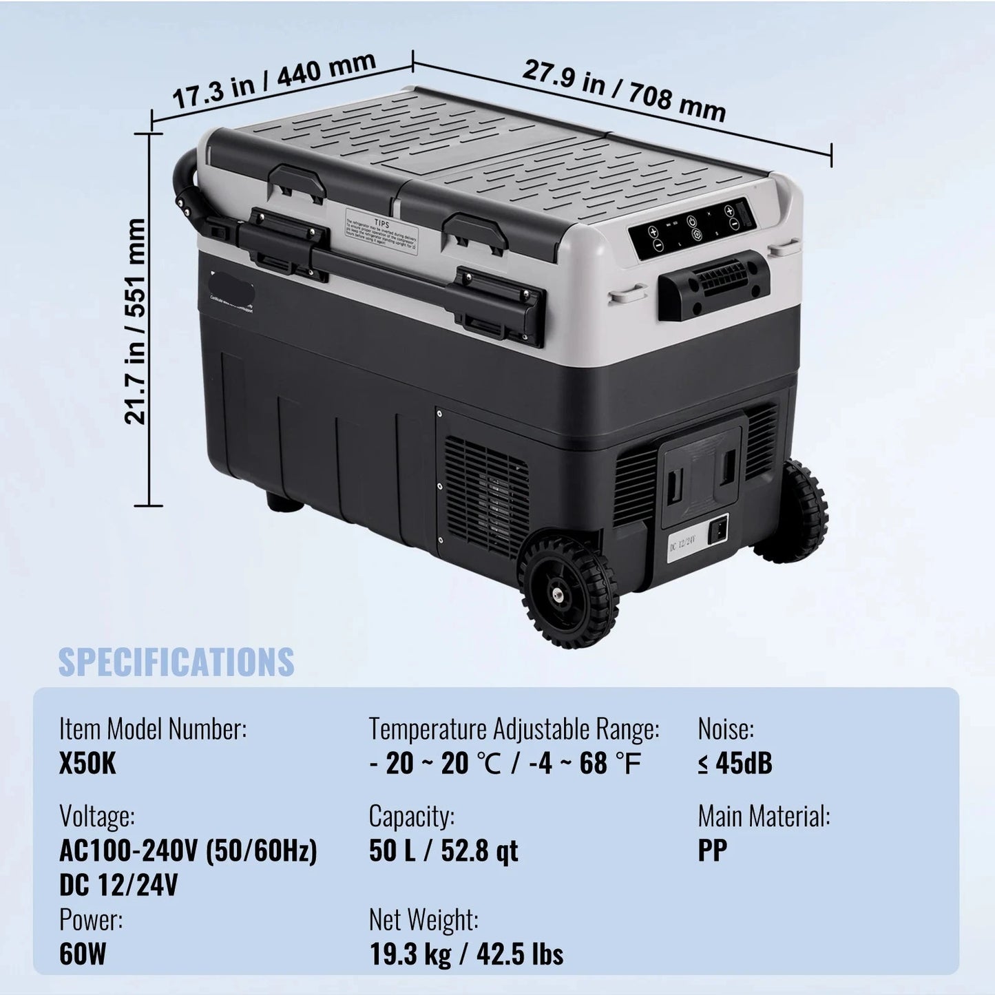 Auto Koelkast - Auto Koelbox Compressor - Camping Koelkast - met Wielen - 12V/24V - 50L - Draagbare - Koelen en Vriezen - -20°C tot +20°C - Energiezuinig - Voor Auto - Camper - en Camping