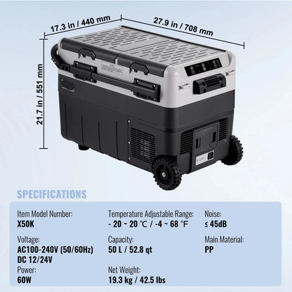 Auto Koelkast - Auto Koelbox Compressor - Camping Koelkast - met Wielen - 12V/24V - 50L - Draagbare - Koelen en Vriezen - -20°C tot +20°C - Energiezuinig - Voor Auto - Camper - en Camping