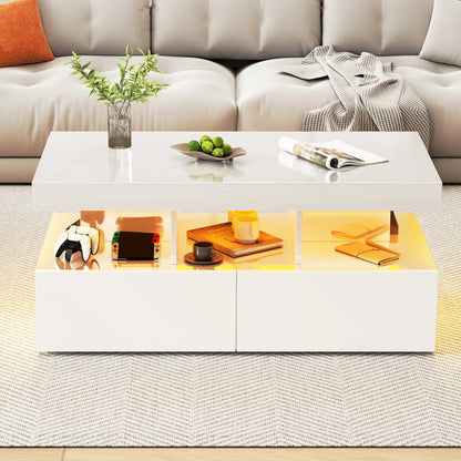Salontafel – Koffietafel – Woonkamertafel – Bijzettafel – Tafel – Wit – Hoogglans – LED-verlichting – 2 Lades – MDF – 140x53x46 cm