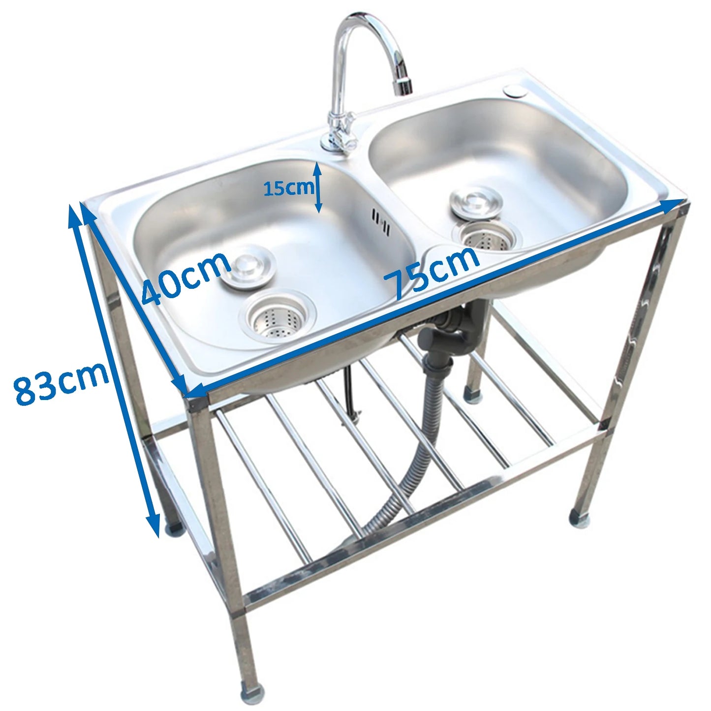 Dubbele Waskom RVS – Dubbele Spoelbak – Vaatbak RVS – Keukenspoelbak – Vrijstaande Spoelbak – Roestvrij Staal – 75x40x83 cm – Mengkraan Warm & Koud