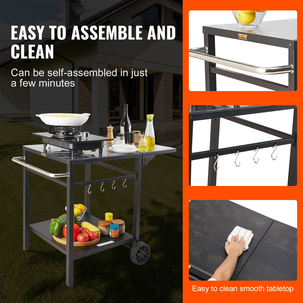 Eettafel met dubbele plank - BBQ verplaatsbare voedselbereidingstafel - opvouwbaar - pizza-ovenstandaard - tafelblad van ijzer/roestvrij staal - 56X56cm - QUORE