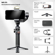 Gimbal Smartphone - Gimbal voor Smartphone & Camera - Handheld spiegelloos - Draadloze afneembare - Handheld Gimbal - Stabilisator Selfie Statief - voor Smartphone - met AI Magnetisch Vullicht - Zwart