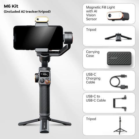 Gimbal Smartphone - Gimbal voor Smartphone & Camera - Handheld spiegelloos - Draadloze afneembare - Handheld Gimbal - Stabilisator Selfie Statief - voor Smartphone - met AI Magnetisch Vullicht - Zwart