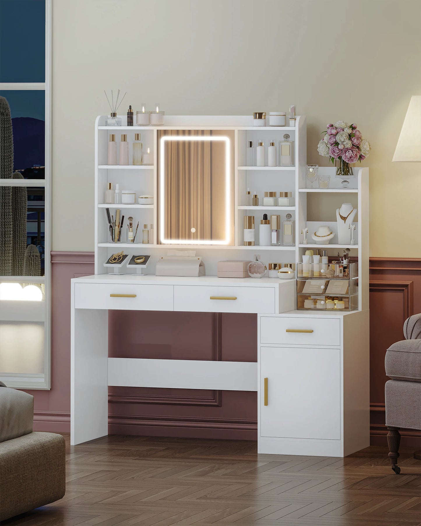 Make-up Tafel – Kaptafel – Schminktisch – Dressing Table – Toilettafel – Met Spiegel en Instelbare LED Verlichting – 130 cm Breed Met 3 Laden en Kastje - QUORE