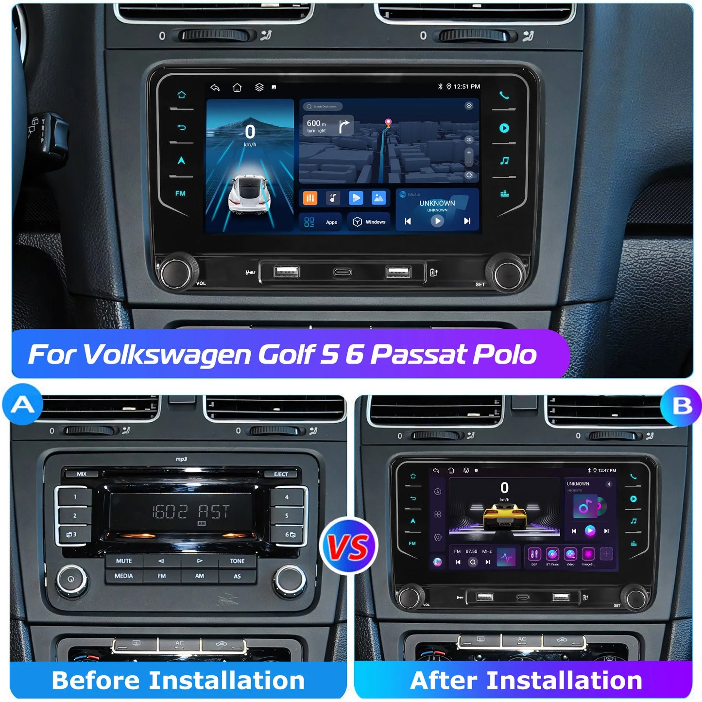 ESSGOO Android 14 Wireless Carplay Car Multimedia Player For Volkswagen Skoda Octavia golf 5 6 touran passat GPS WiFi Car Radio - QUORE