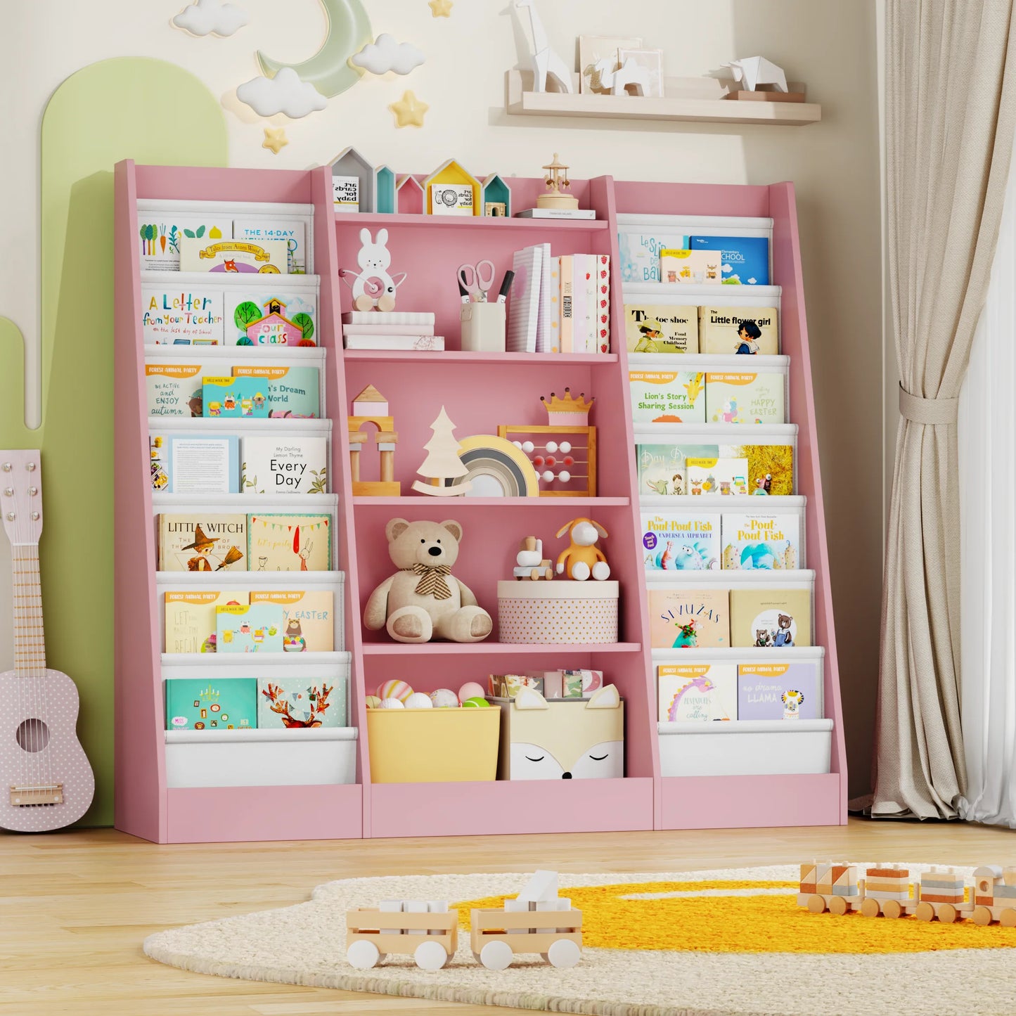 Kinderboekenkast – Kinderrek – Boekenkast – Speelgoedkast – Opbergkast – Roze Variant – 14 Planken – Stevig Hout 129,5x120x35 cm