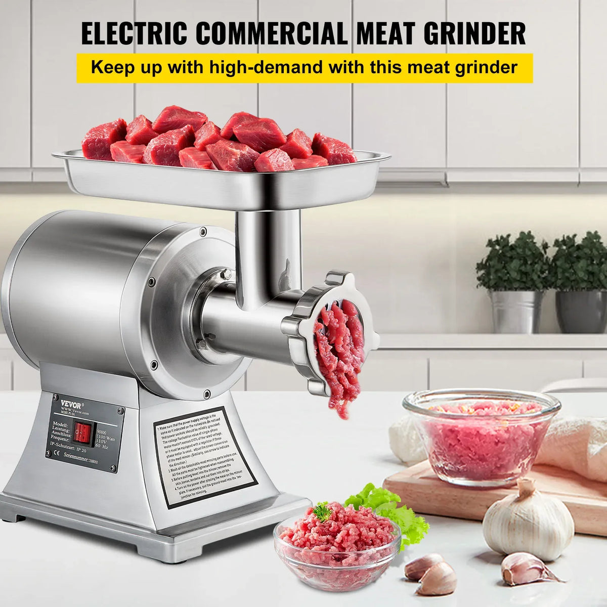VEVOR Commercial Meat Grinder 550LB/h Electric Sausage Maker Stainless Steel with 2 Blades, Grinding Plates &amp; Stuffing Tubes