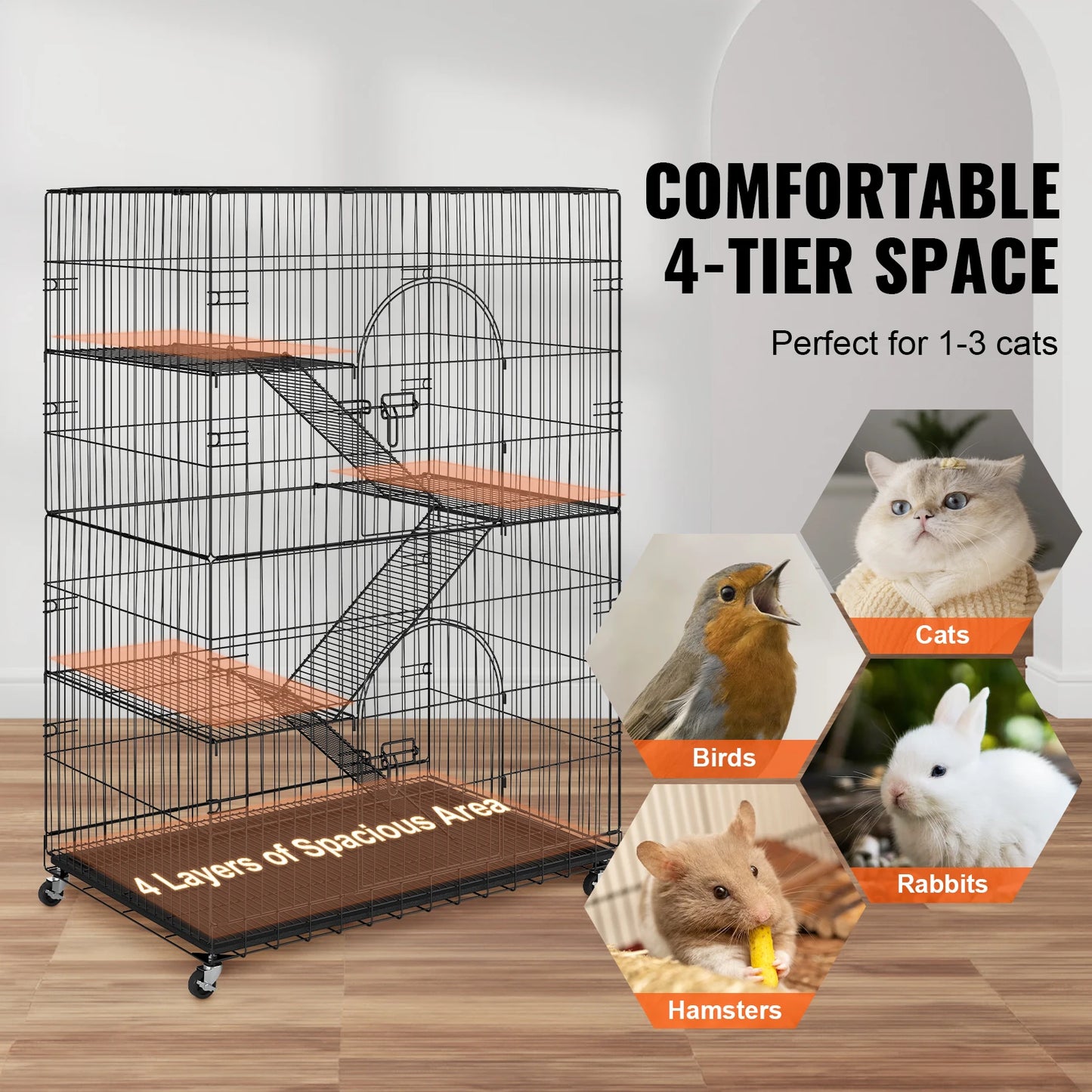 Kattenbox - Katten Kooi - Draad Kennel - Grote Kattenren - met 4 Niveaus - Oefening Plaats - Krat Metalen - voor Huisdier - Stevig - Durzaam - Ijzer - 90 x 60 x 133 cm -  Zwart