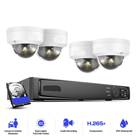 Beveiligingscamera's - Camerabewaking - CCTV Camerasysteem - 12MP Dual-Light Outdoor PoE - Persoons- & Voertuigdetectie – CCTV Video Security Kit - Waterdichte - Binnen/Buiten Camera’s - Zonder HDD Opslag