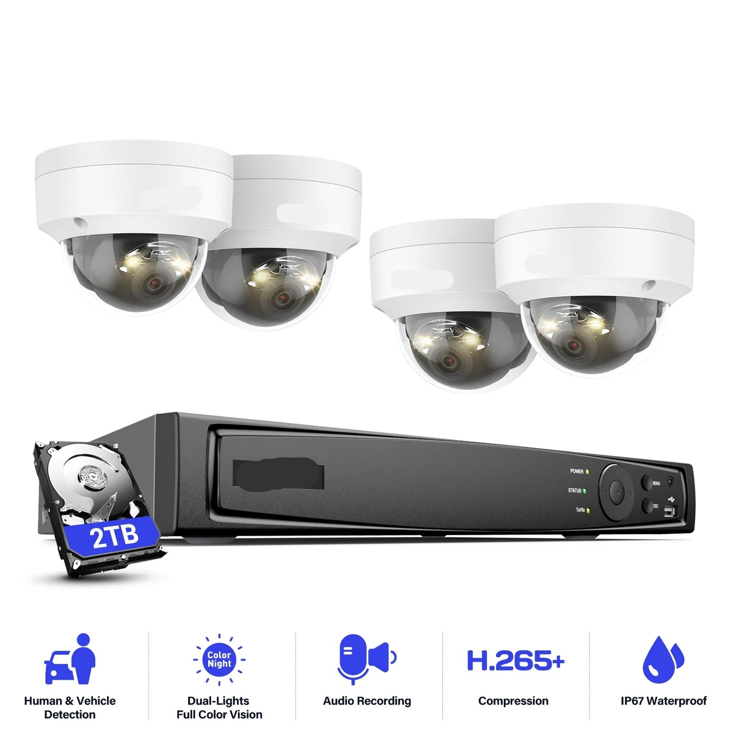 Beveiligingscamera's - Camerabewaking - CCTV Camerasysteem - 12MP Dual-Light Outdoor PoE - Persoons- & Voertuigdetectie – CCTV Video Security Kit - Waterdichte - Binnen/Buiten Camera’s - 2TB HDD Opslag