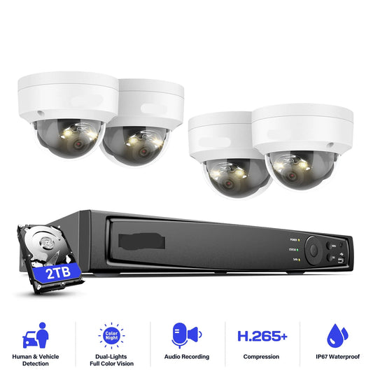 Beveiligingscamera's - Camerabewaking - CCTV Camerasysteem - 12MP Dual-Light Outdoor PoE - Persoons- & Voertuigdetectie – CCTV Video Security Kit - Waterdichte - Binnen/Buiten Camera’s - 2TB HDD Opslag