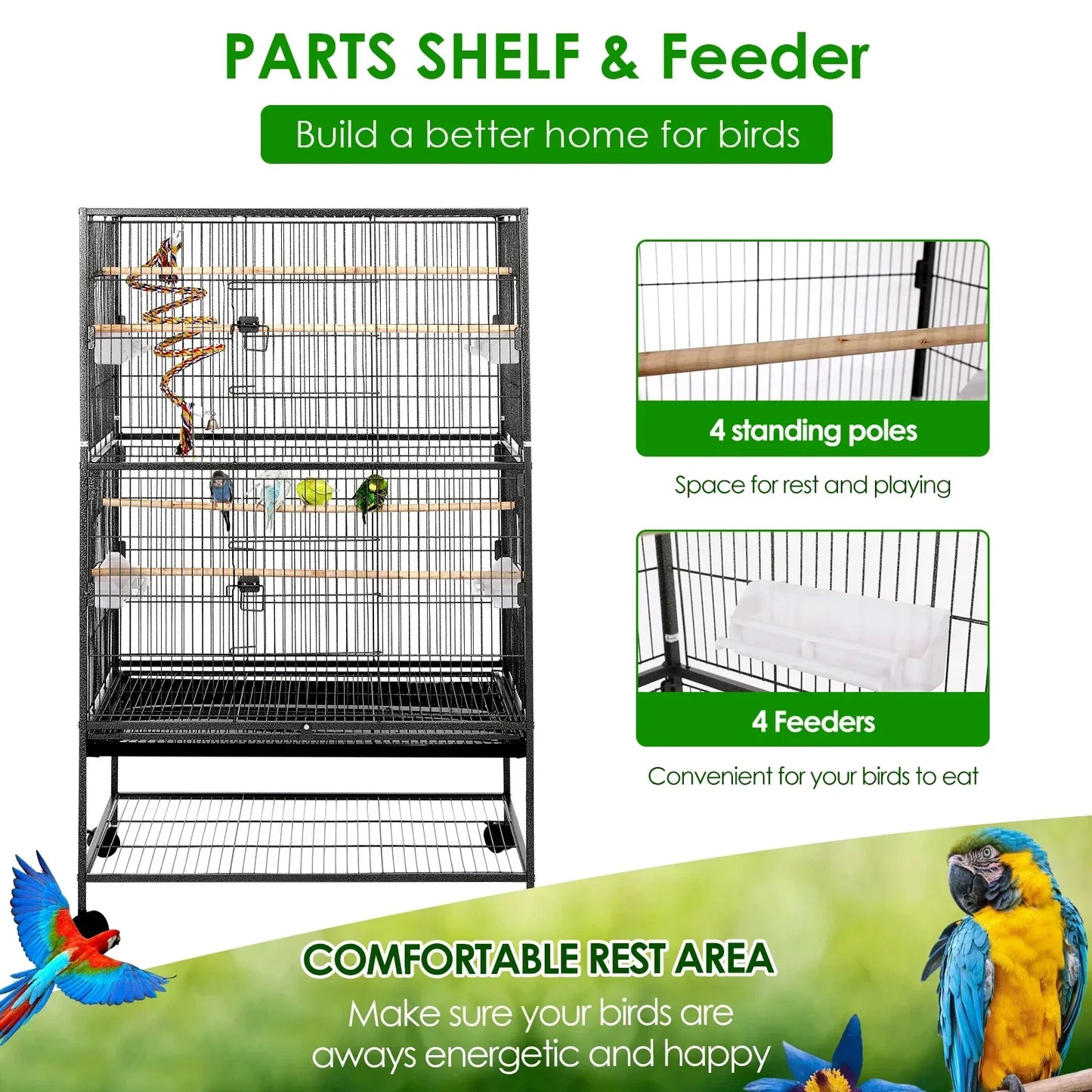Vogelkooi – Vogelkooi Op Wieltjes – Vogelkkooi Klein – Parkietenkooi – Metalen Kooi – 52x78x132 Cm – 4 Houten Zitstokken