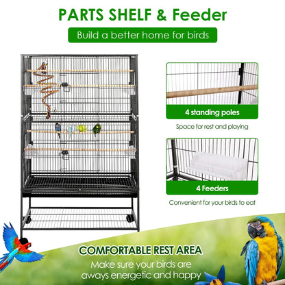 Vogelkooi – Vogelkooi Op Wieltjes – Vogelkkooi Klein – Parkietenkooi – Metalen Kooi – 52x78x132 Cm – 4 Houten Zitstokken