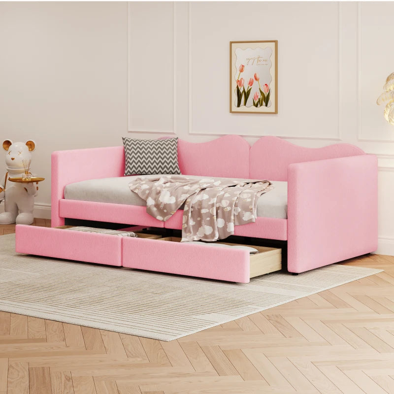 Kinderbed - Slaapbank met 2-laden - Teddybeerbedframe - Multifunctioneel Zacht -  Bed Met Rugleuning en Armleuningen -  90*200 cm - Roze  Jeugdbed -  (Ween matras)
